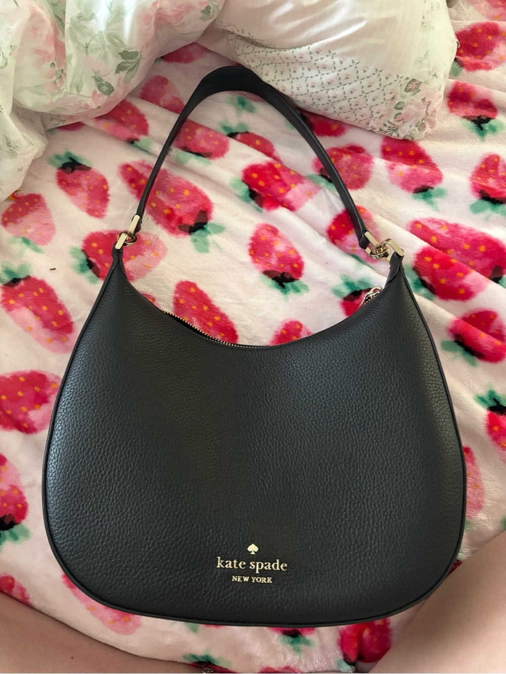 kate spade Black Pebbled Leather Hobo with Gold Logo